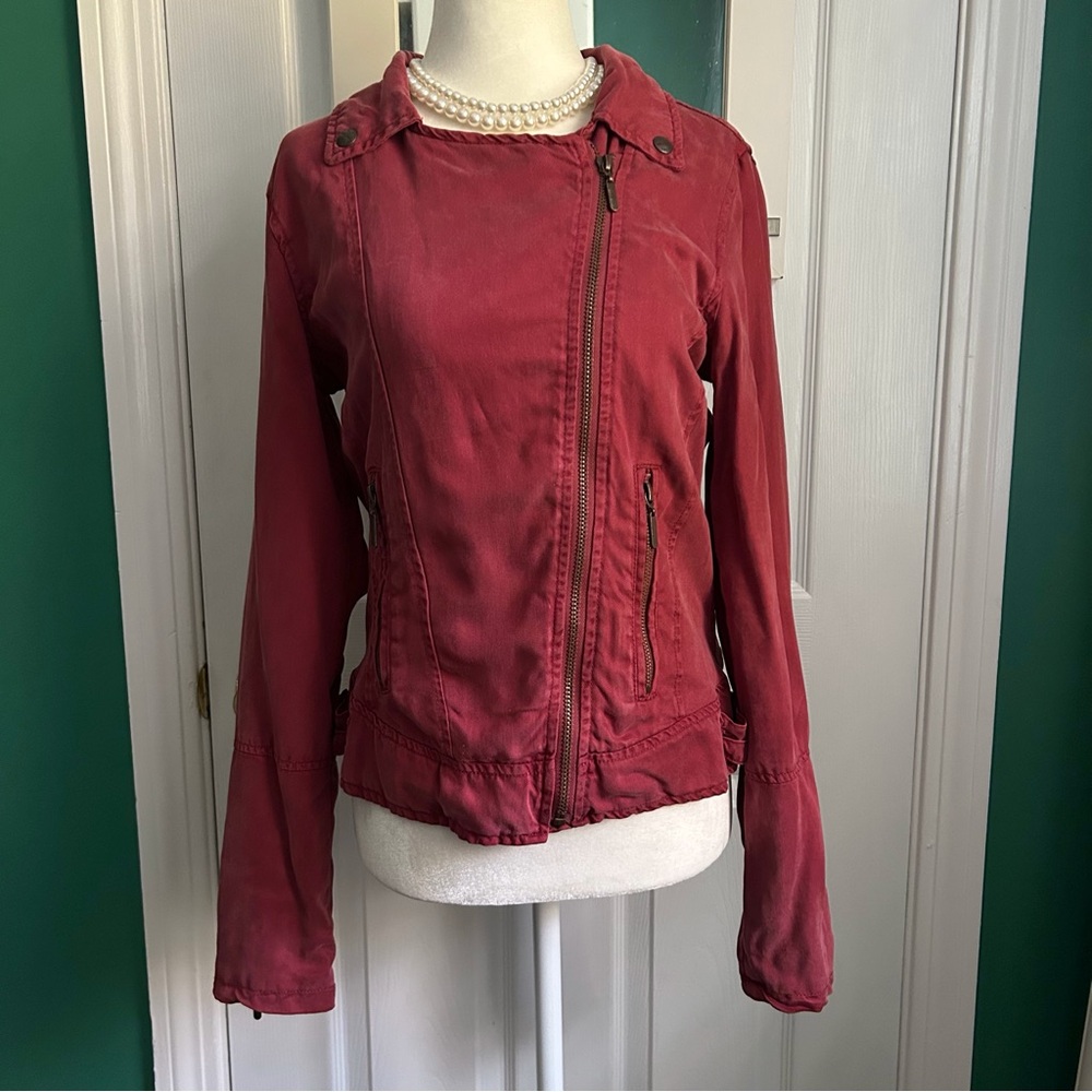 Max Jean Deep Red Tencel Moto Bomber Jacket S